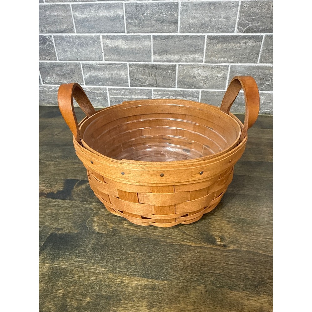 Longaberger‎ 1991 Handwoven Round Basket with Leather Handles and Plastic Liner